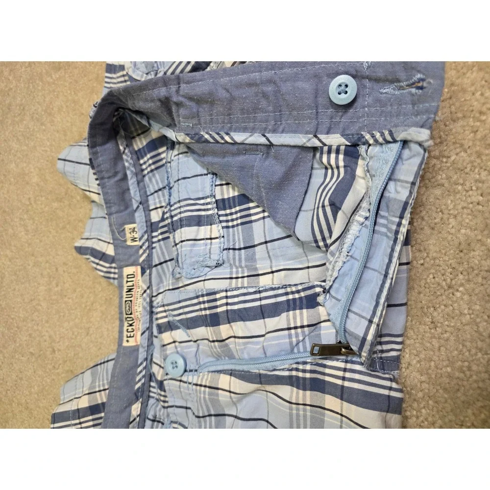 Ecko Unltd Mens Blue White Plaid Cargo Shorts Size 34 Relaxed Summer Casual
